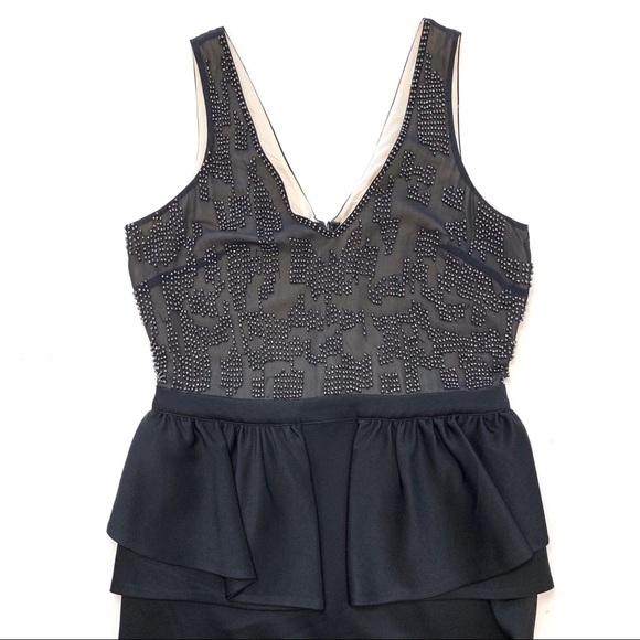 Bebe Embellished V Cut Peplum Sleeveless Black Dress Size S - Picture 8 of 12
